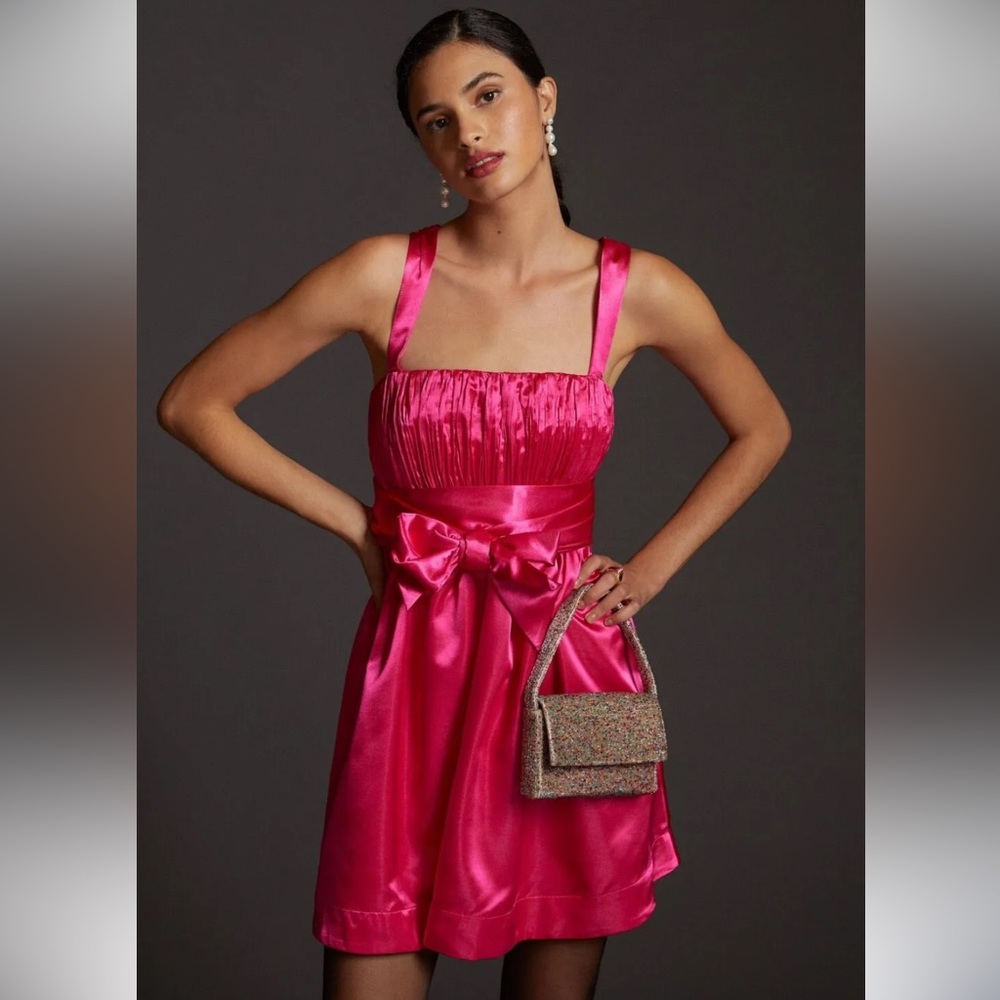 Anthropologie Mauve pink satin bow tie mini dress size 10